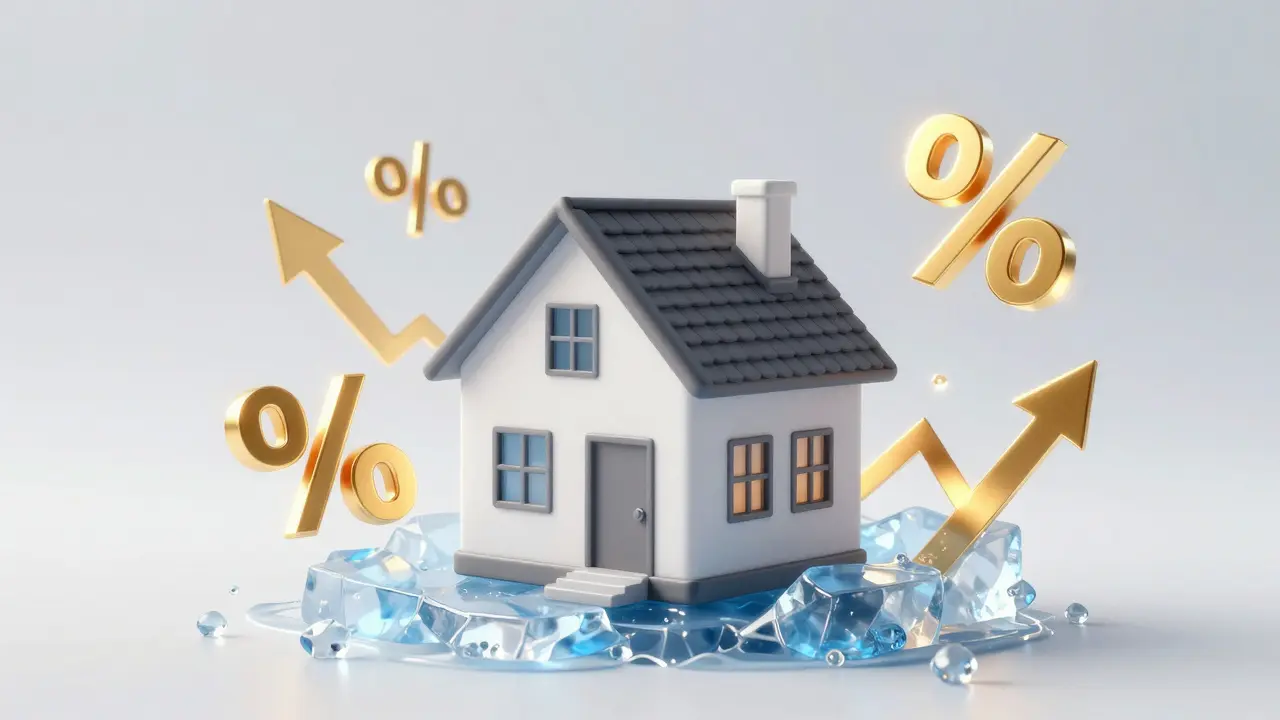 Symbolische Darstellung eines Hauses, das aus Eis schmilzt, umgeben von steigenden Finanzindikatoren.