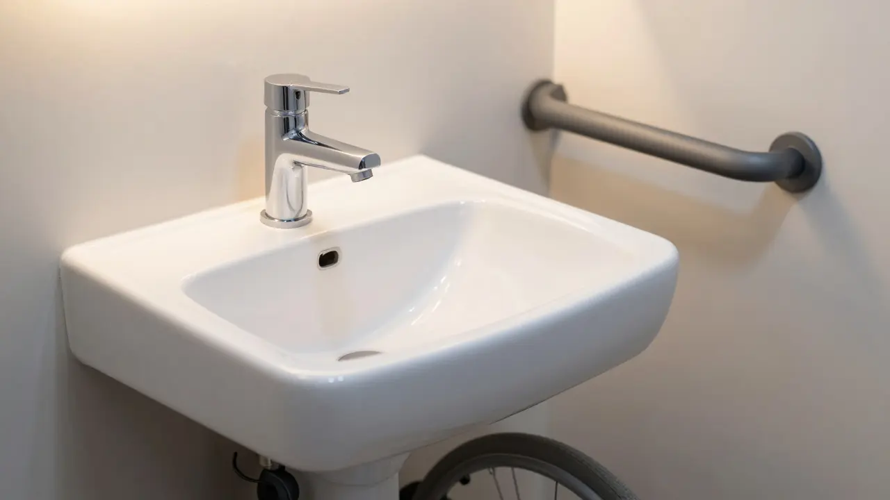 Unterfahrbarer Waschtisch mit Thermostatarmatur und kontrastreichem Haltegriff