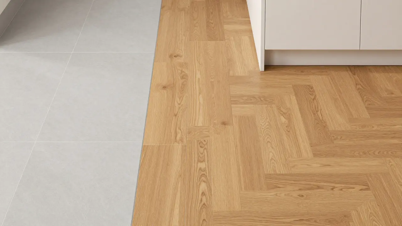 Vergleich von grauen Fliesen, Vinylplanken und echtem Eichenparkett