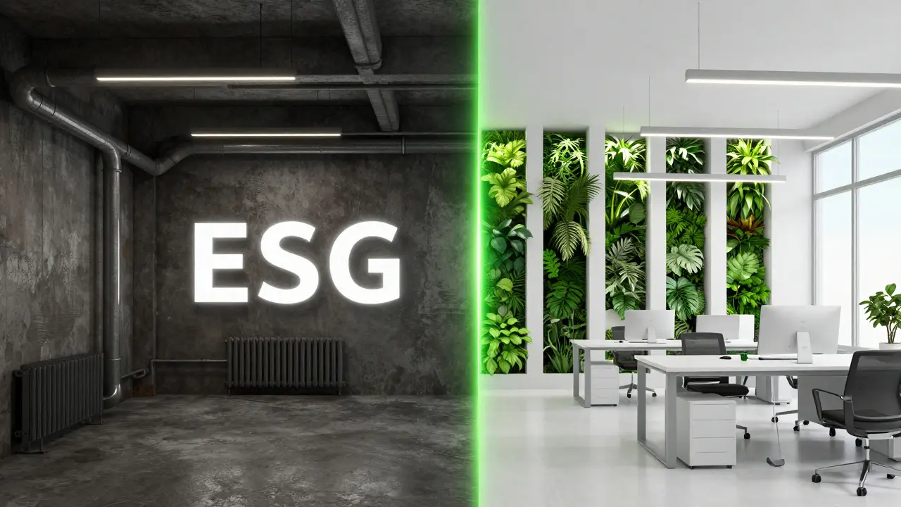 Vergleich zwischen einem alten Gebäude und einer nachhaltig sanierten, grünen Bürofläche.