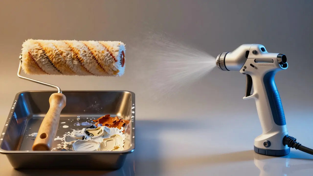 Vergleich zwischen einer klassischen Farbrolle und einem modernen Farbsprühsystem.