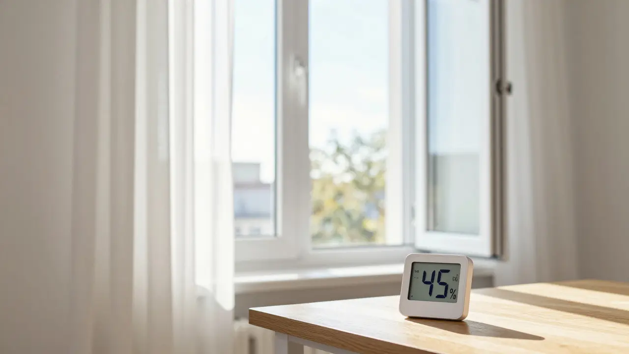 Weit geöffnetes Fenster zum Stoßlüften mit einem Hygrometer im Vordergrund.