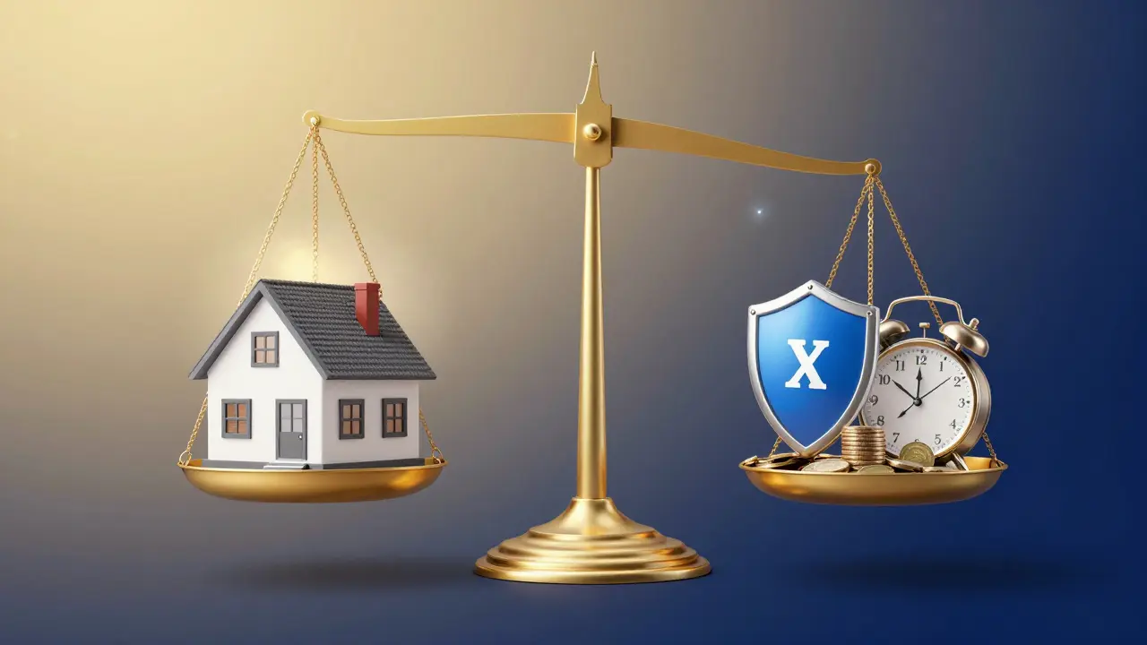 Abstrakte Waage mit Haus, Schild und Münzen