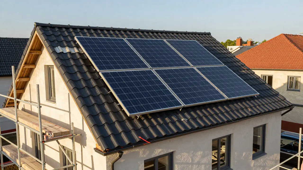 Dachsanierung mit neuen Solarpanelen an einem deutschen Reihenhaus.