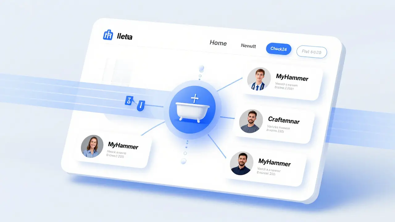 Digitale Darstellung eines effizienten Handwerker-Vergleichsportals mit klaren Datenströmen