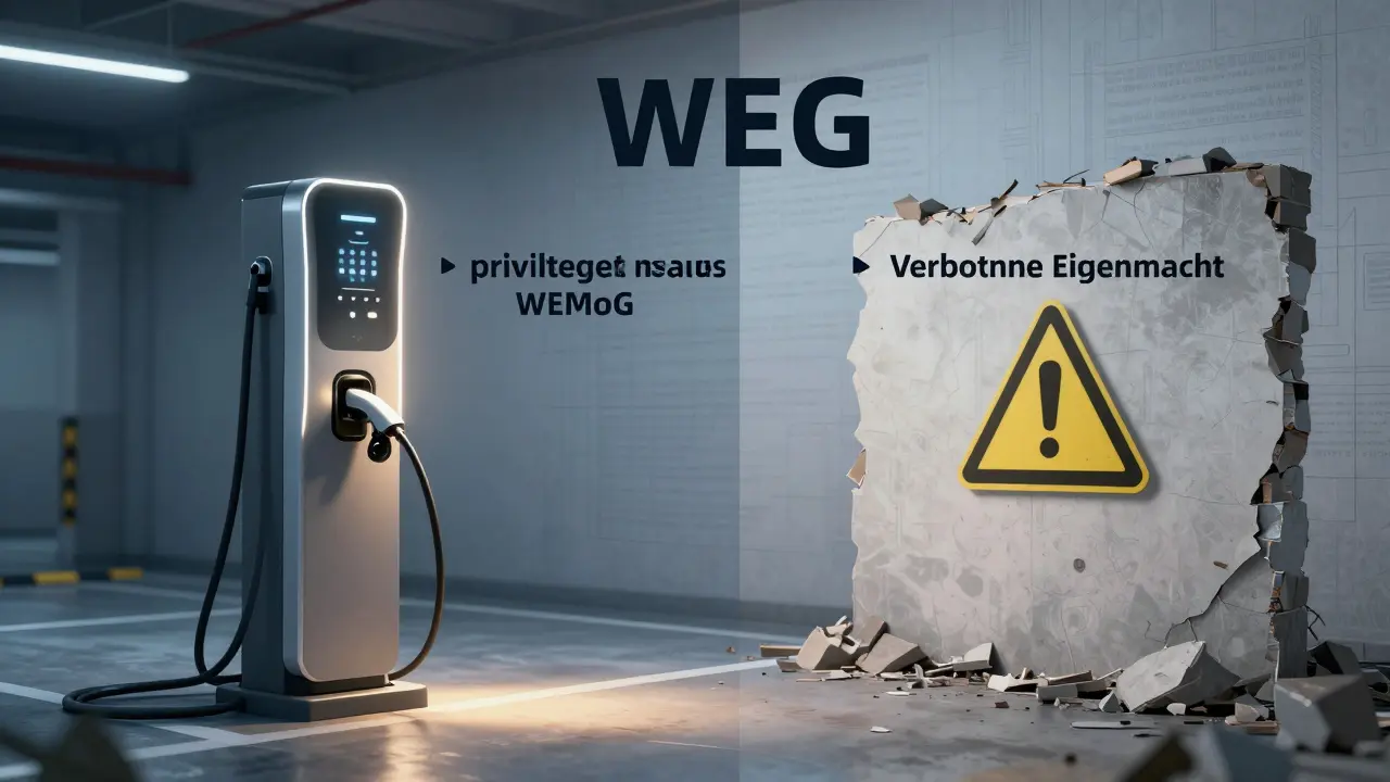 Elektroauto-Ladesäule neben abgerissener Wand als Symbol für WEG-Recht