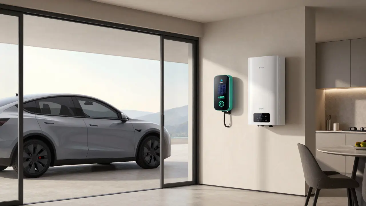 Elektroauto lädt mit Solarstrom während Wärmepumpe im Haus läuft
