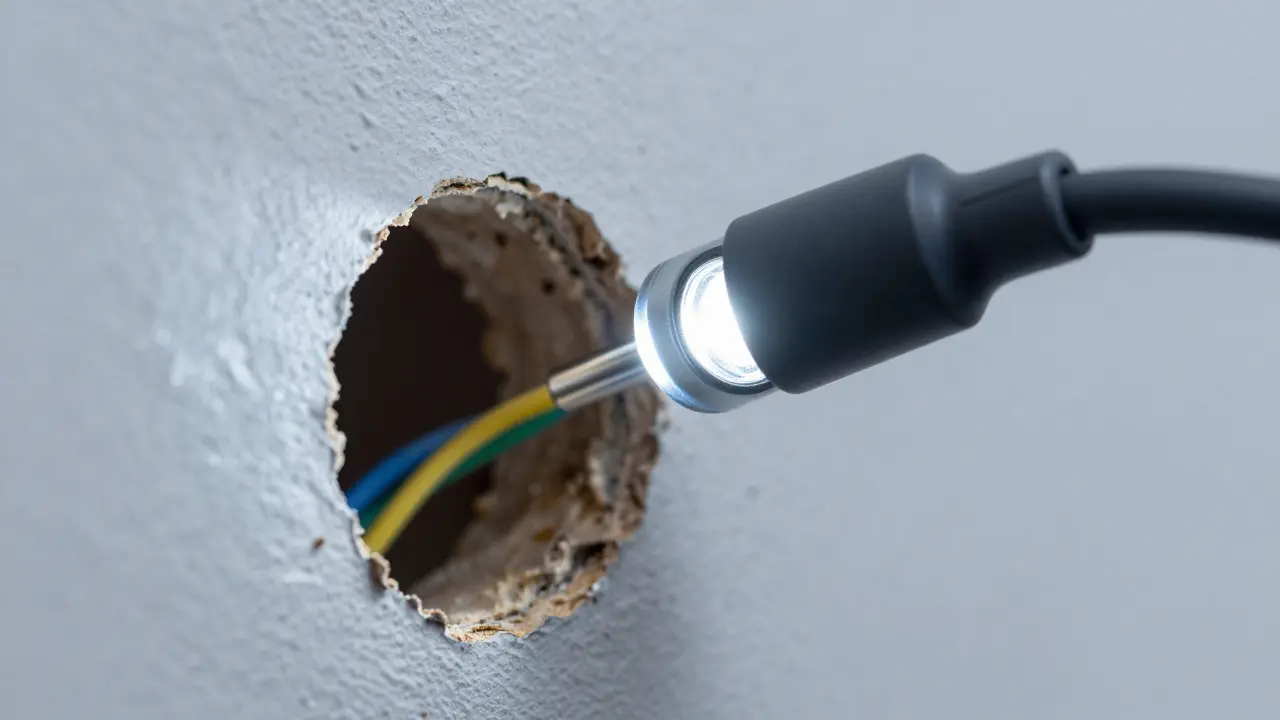 Endoskopkamera inspiziert verlegte Kabel im Hohlraum hinter einer Wand
