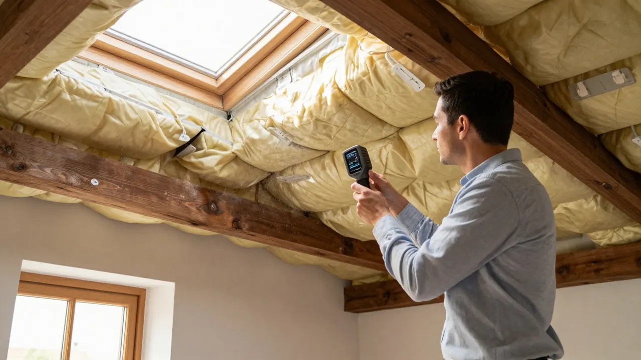 Energieberater prüft Dachdämmung mit Wärmebildkamera vor Ort