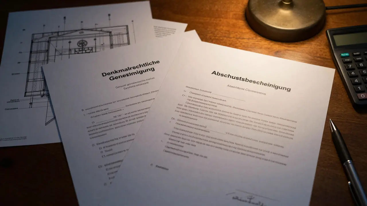 Genehmigungsunterlagen und Zertifikate für Denkmalrenovierung auf Schreibtisch