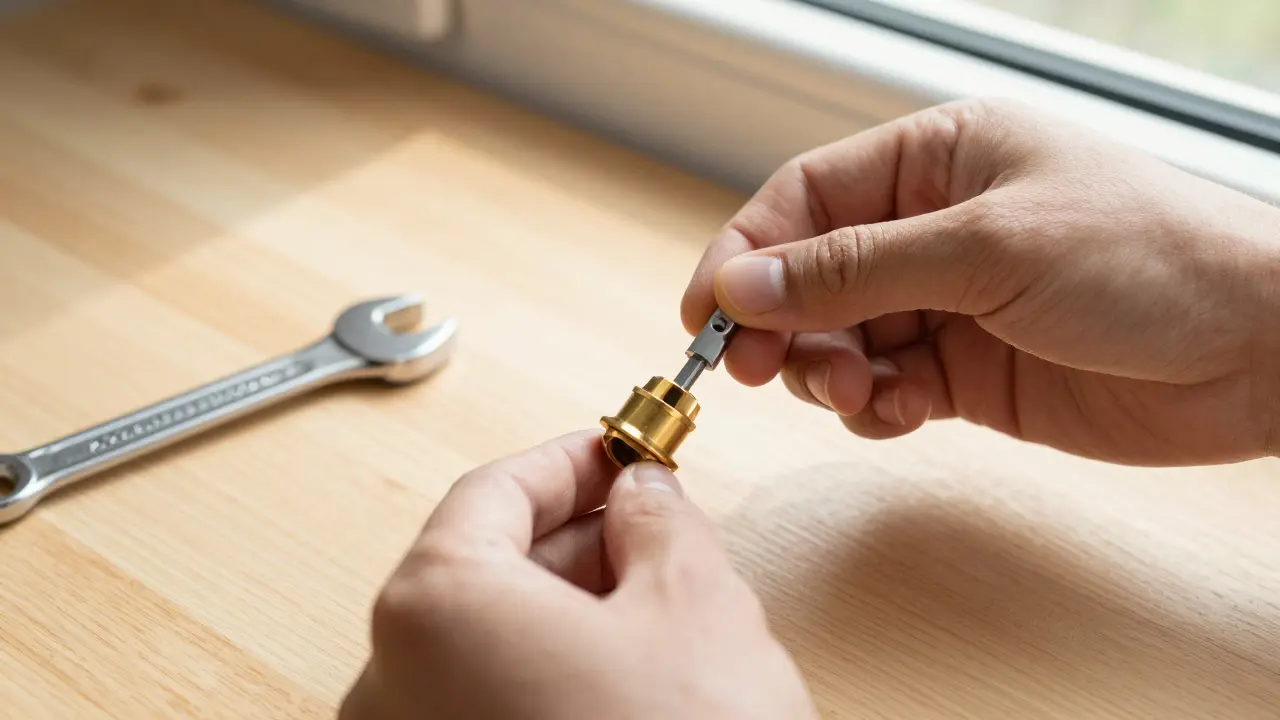 Hände installieren einen Flow-Restrictor an einem Wasserhahn als DIY-Projekt