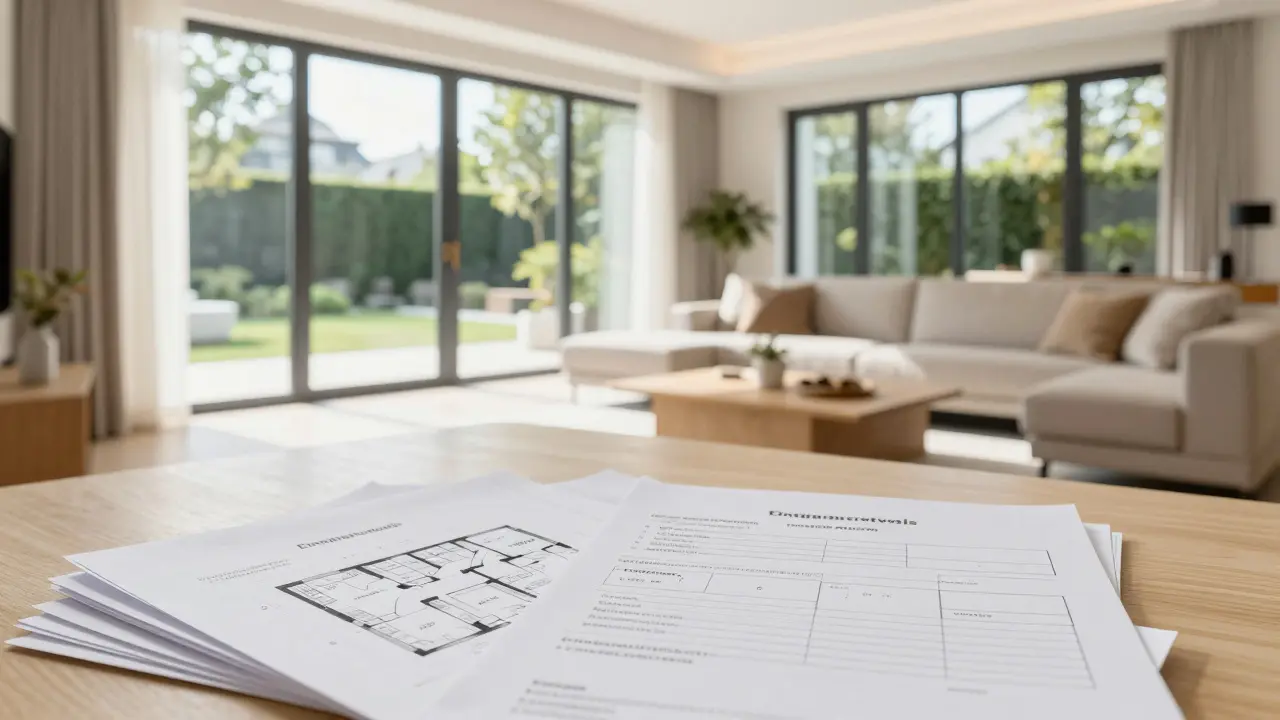 Helles modernes Wohnzimmer mit Immobilienunterlagen im Vordergrund