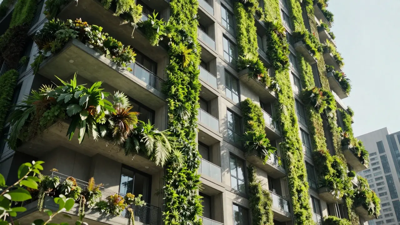 Hochhausfassade mit dichtem vertikalen Begrünungssystem und lebendigen Pflanzenmodulen