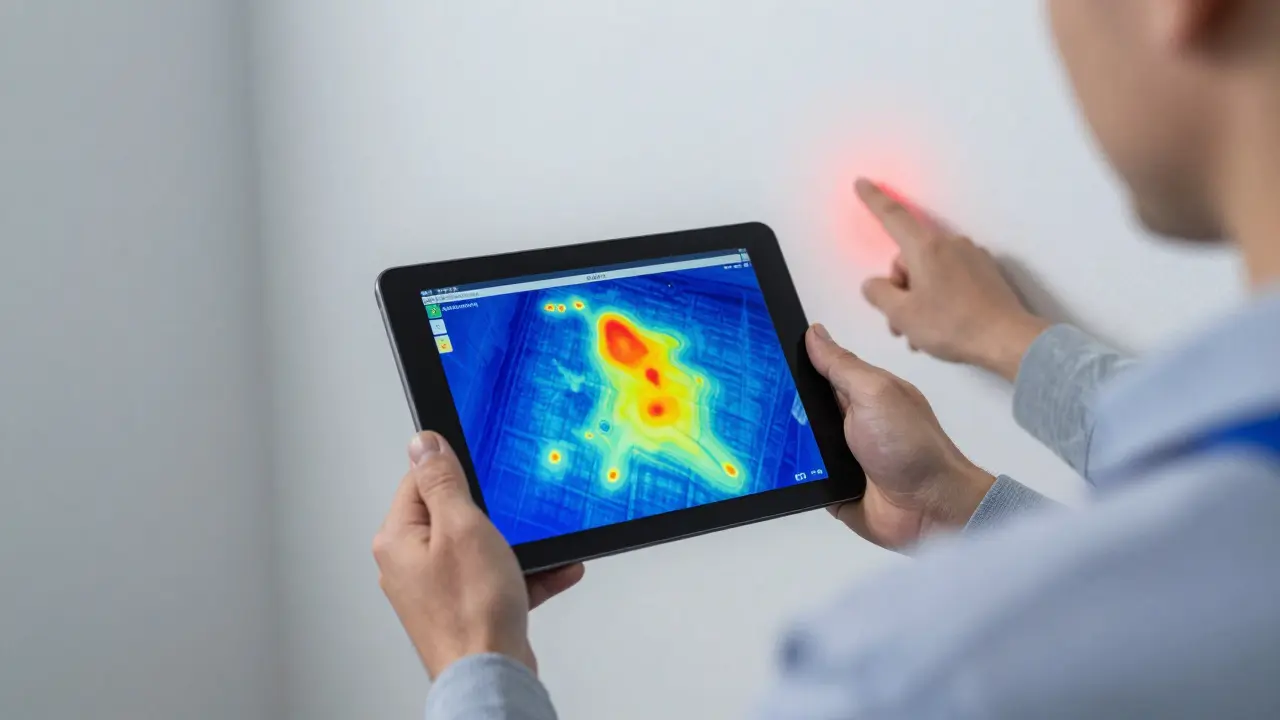 Inspektor analysiert Thermografie-Daten auf Tablet zur Feuchtesuche