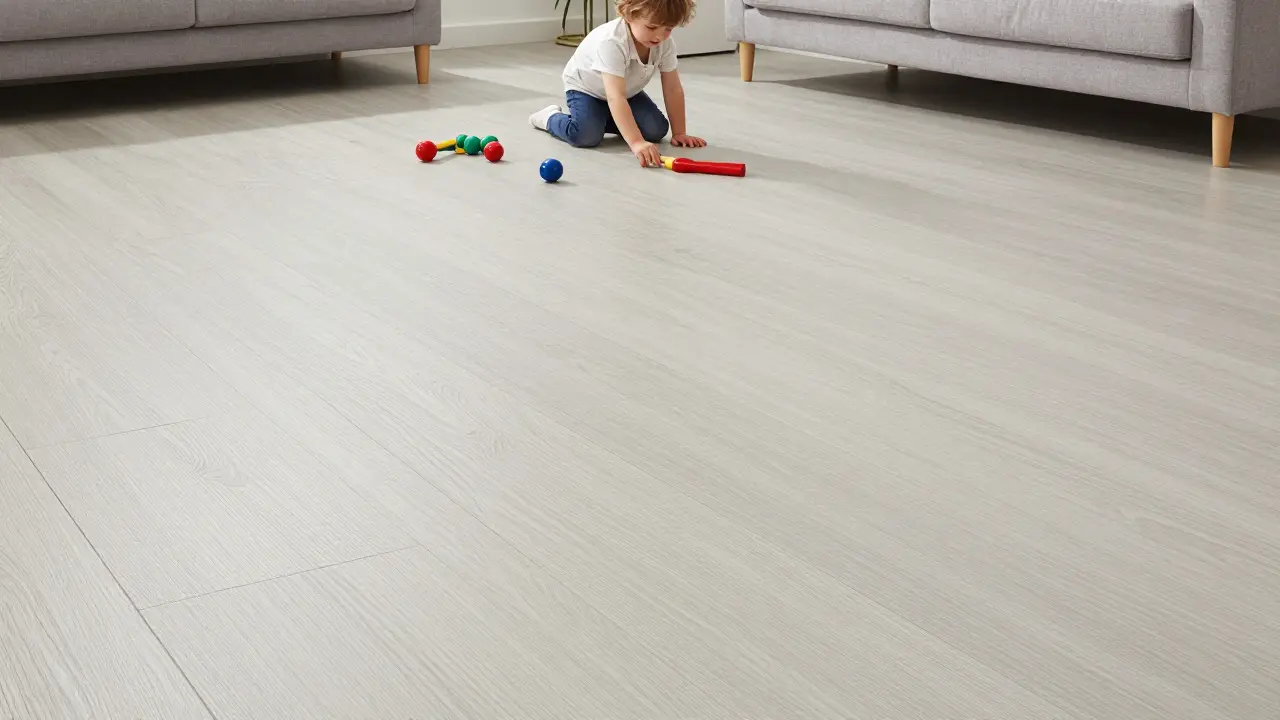 Kind spielt auf robustem Vinylboden im hellen, familienfreundlichen Wohnbereich