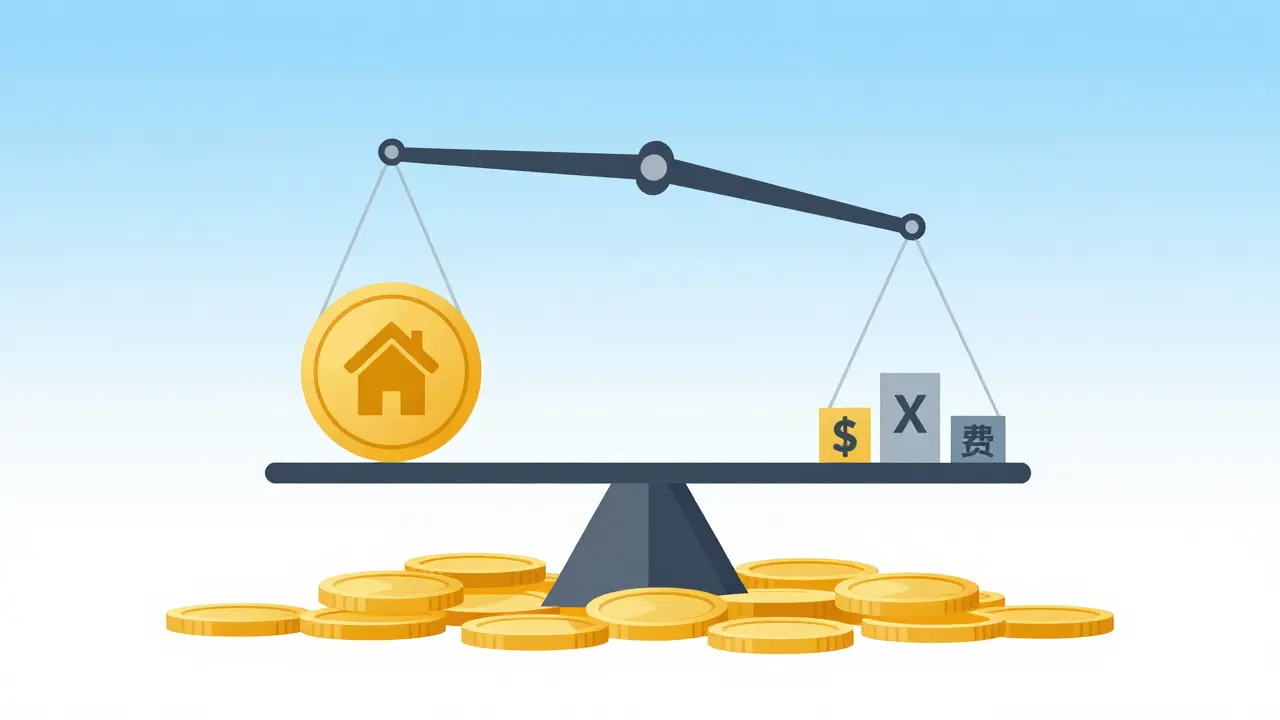 Konzeptionelle Darstellung einer Waage mit Haus und Münzen zur Finanzierungsbalance