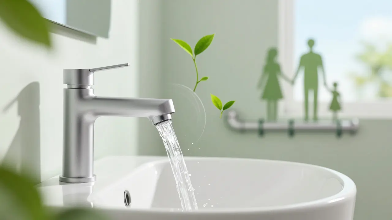 Konzeptionelle Darstellung eines sensorgesteuerten Hahns mit Wasserspar-Symbolik