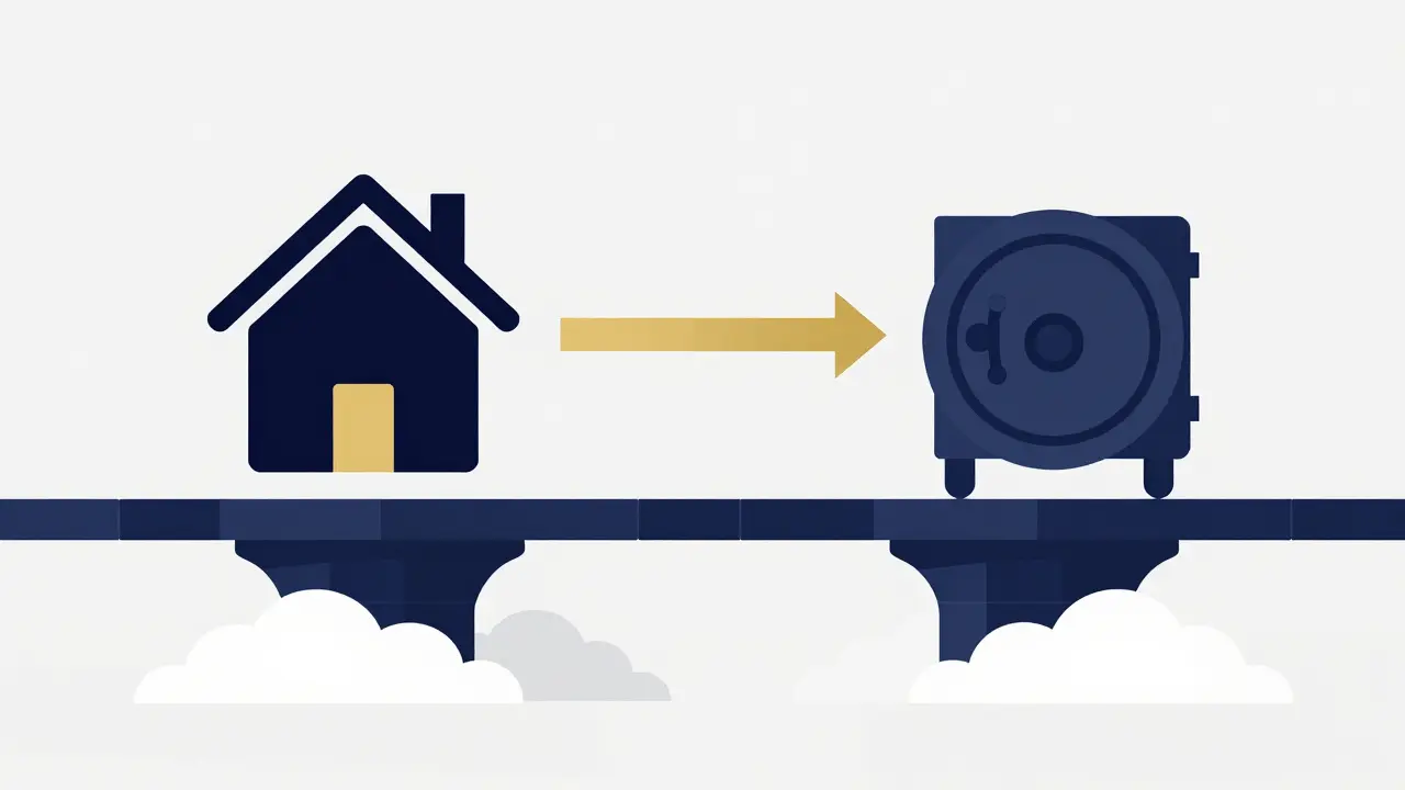 Konzeptionelle Illustration einer stabilen Brücke zwischen Haus und Banktresor