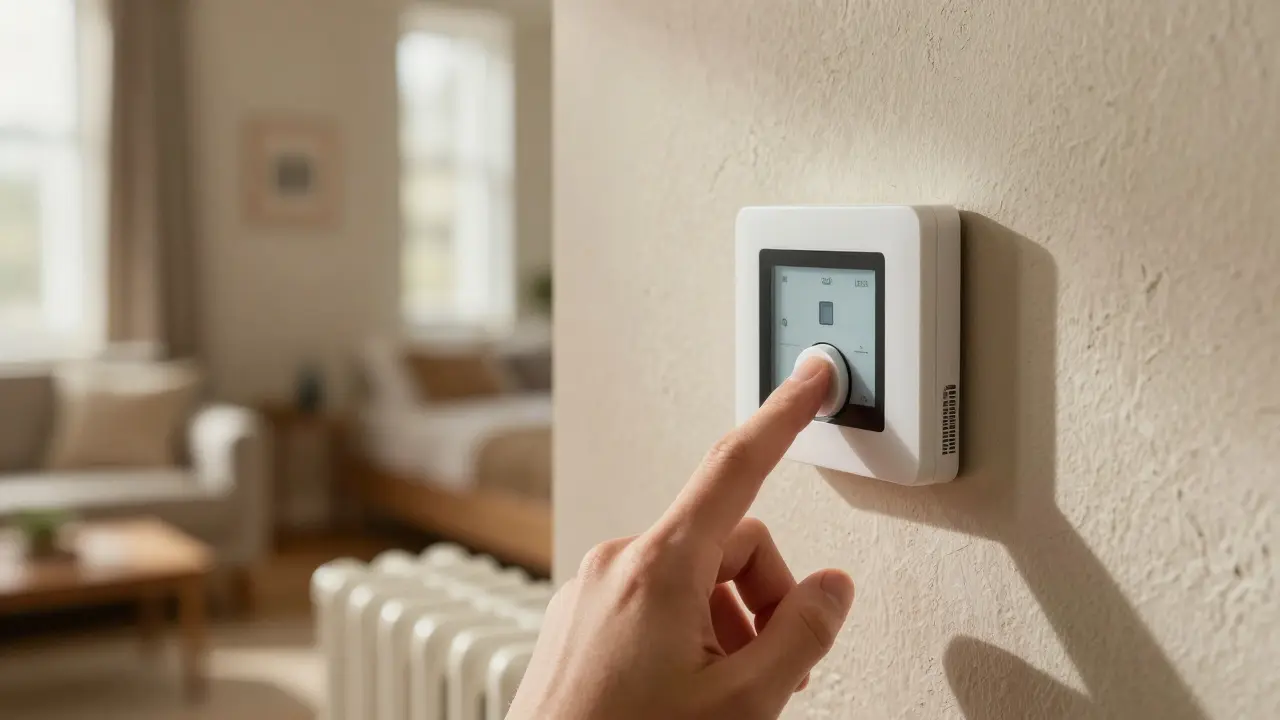 Moderne Smart-Thermostat an einer alten Wand im Wohnzimmer