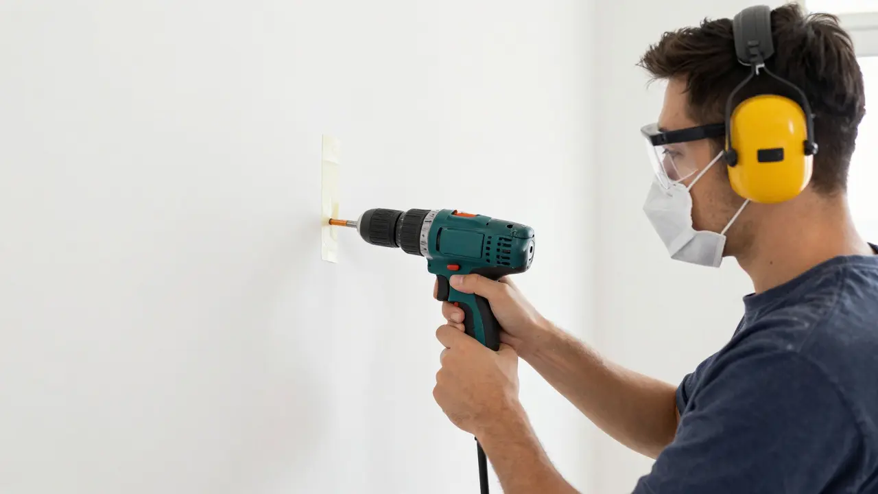Person mit Schutzbrille bohrt sicher in die Wand