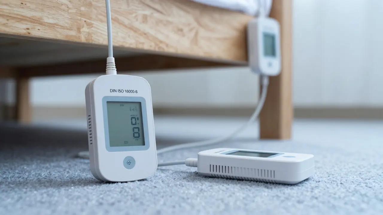Professionelle Sensoren zur Innenraumluftmessung in einem neuen Schlafzimmer
