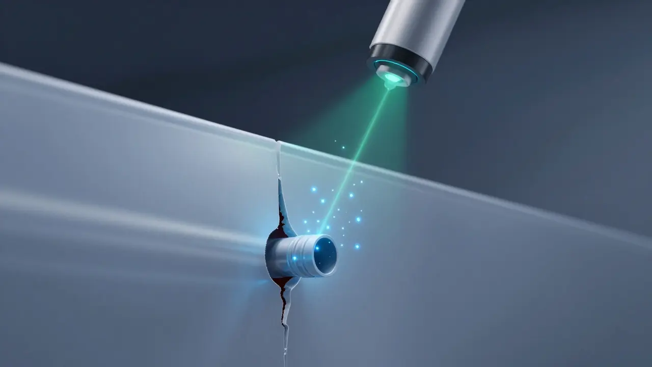 Schematische Darstellung der Tracergas-Methode mit entweichenden Molekülen