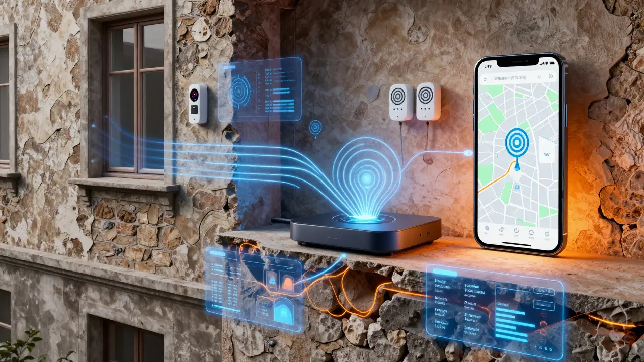 Schematische Darstellung smarter Sensoren und Algorithmen im Haus
