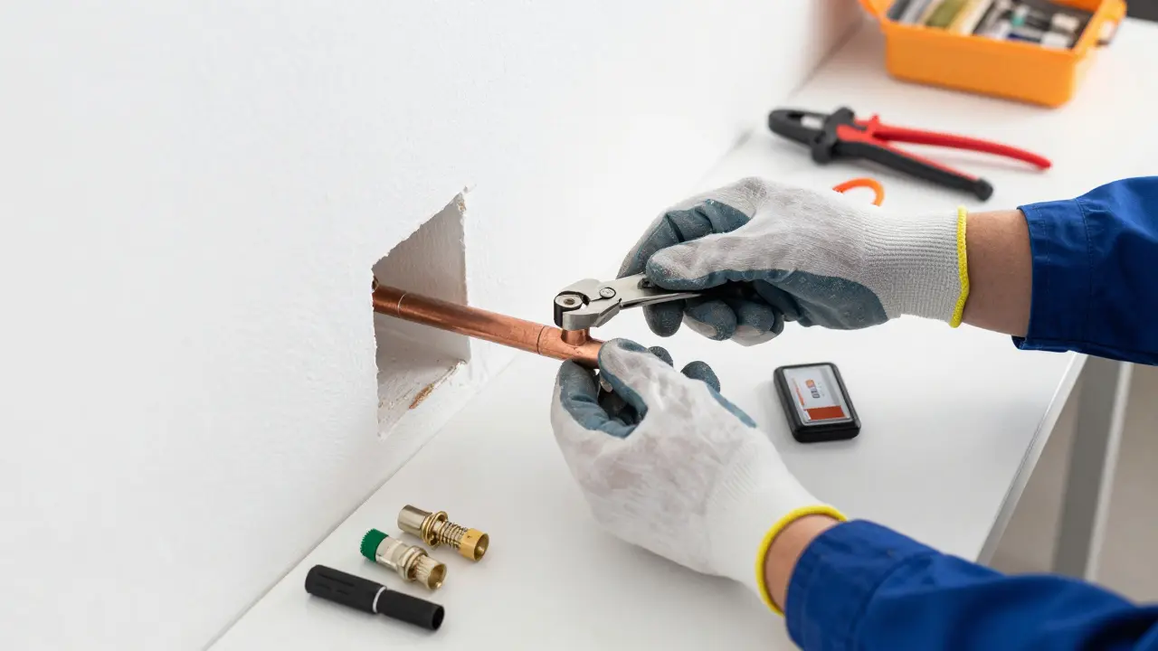 Techniker repariert Kupferrohr mit flexibler Klemme an der Wand