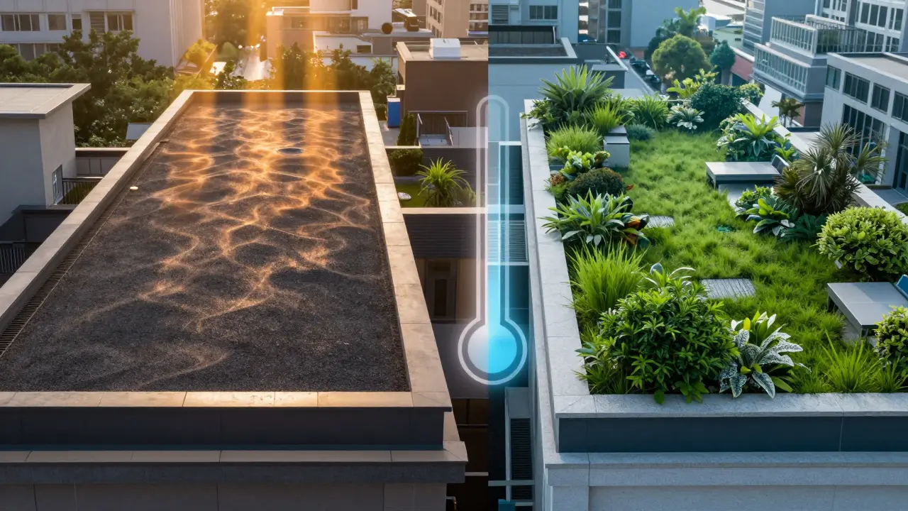 Vergleich von heißem Asphalt-Dach und kühlem intensiven Gründach mit Gartenfläche