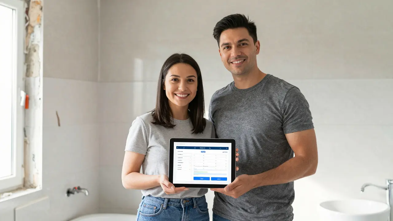Zufriedenes Paar in einem sanierten Badezimmer mit Planungs-Tablet