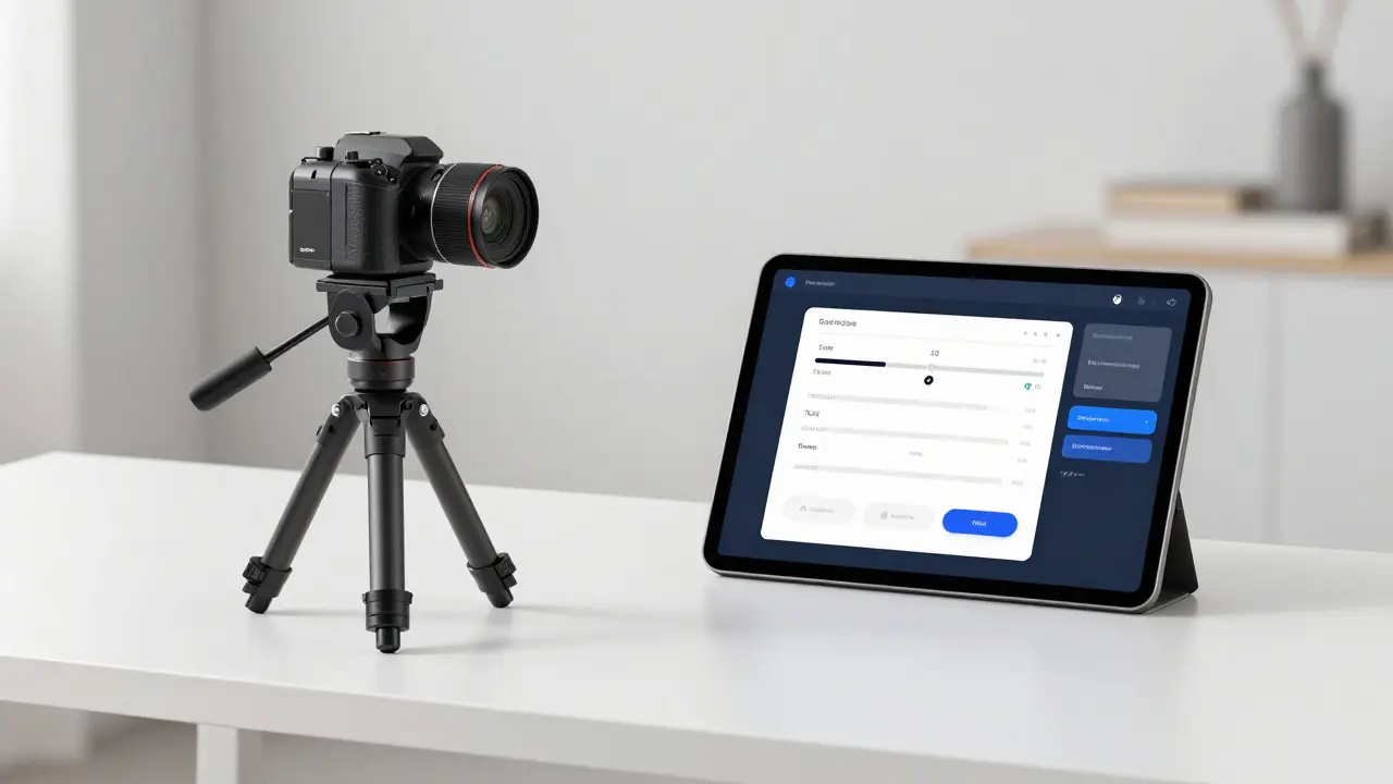 360-Kamera und Tablet mit Software für virtuelle Immobilientouren