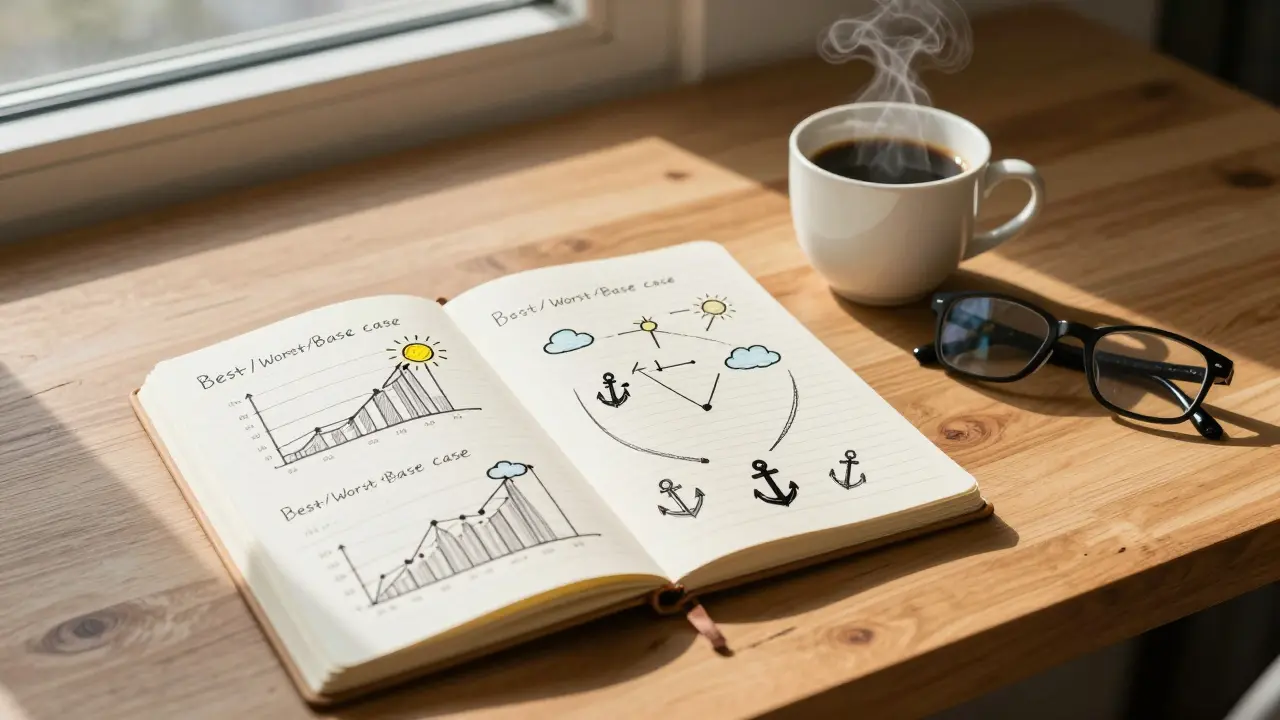 Arbeitsplatz mit Notizbuch und Szenario-Planung für Budgetstrategie