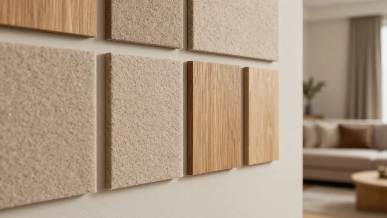 Detailaufnahme von Akustikpaneelen aus Filz und Holz an der Wand