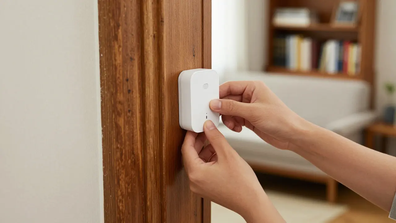 Einfache Installation eines kabellosen Sensors an einer alten Holztür ohne Bohrungen