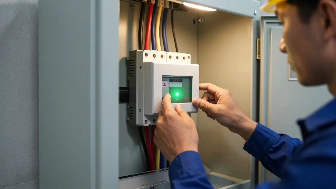 Elektriker prüft Überspannungsschutz im Sicherungskasten