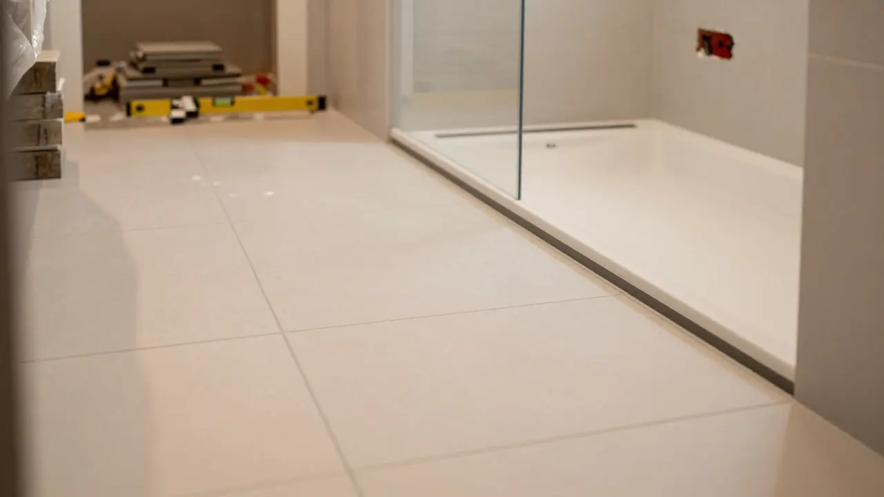Fertiger gefliestes Badezimmerboden mit Abfall zur Dusche