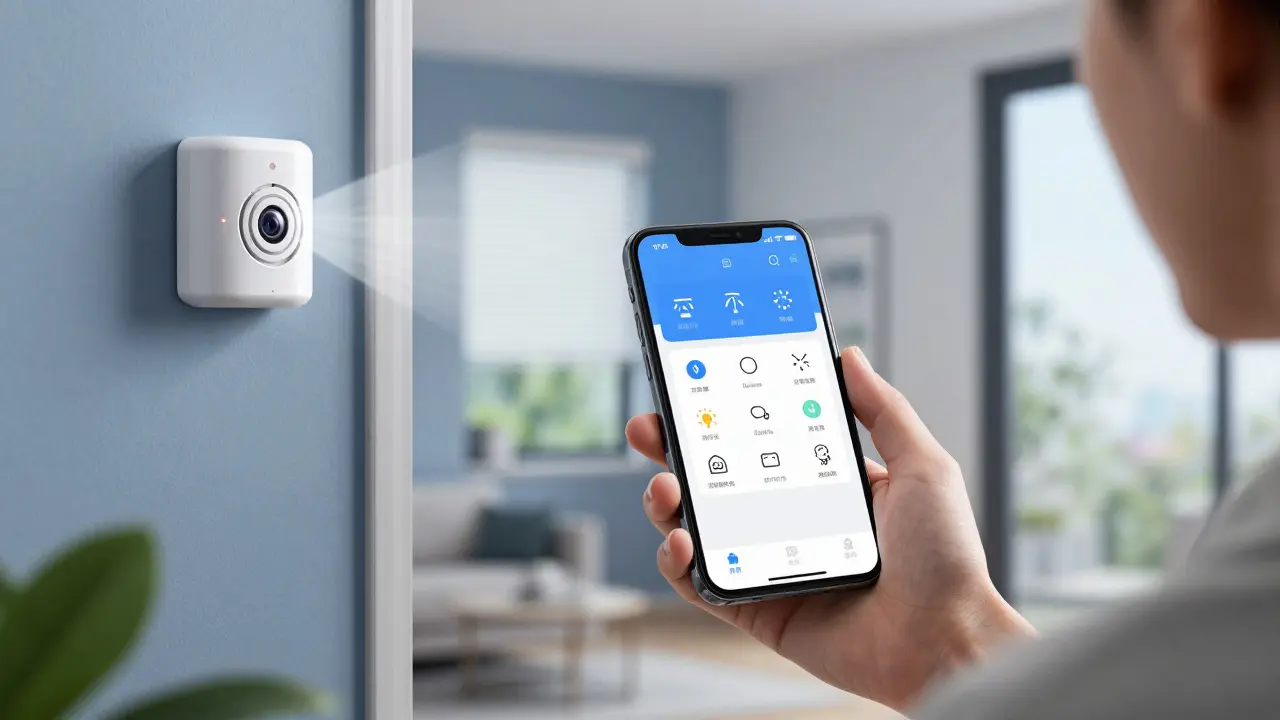 Hand mit Smartphone steuert Heizung, Licht und Sicherheitssysteme in einer modernen Wohnung