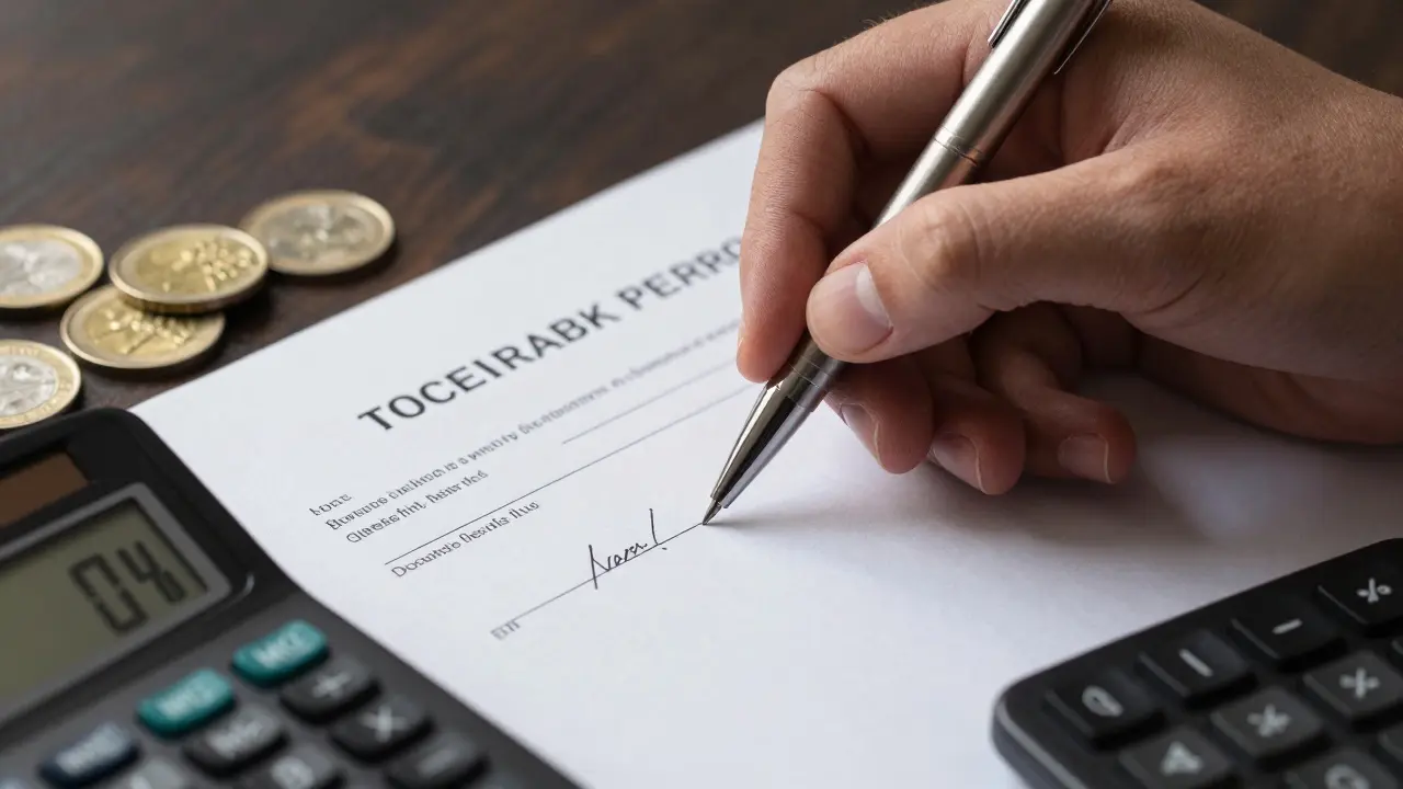 Hand mit Stift über Vertrag, daneben Euro-Münzen und Rechner