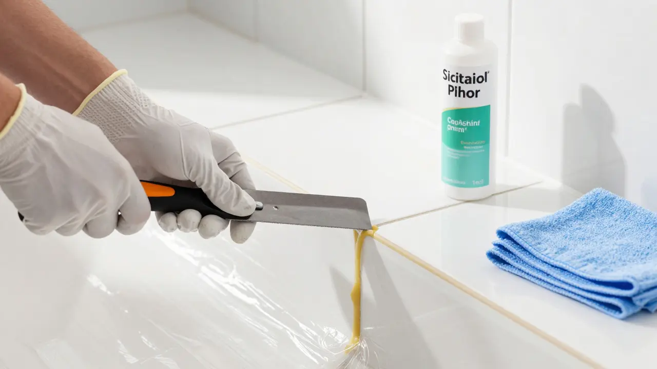 Hände entfernen alte Fugenmasse mit einem speziellen Plastikkratzer im Bad