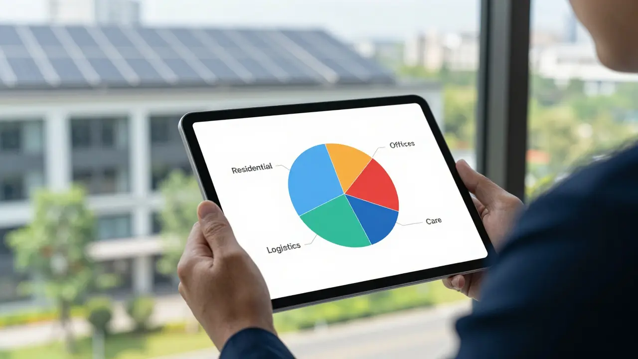 Hände halten ein Tablet mit einem Portfolio-Diagramm vor dem Hintergrund eines grünen Gebäudes