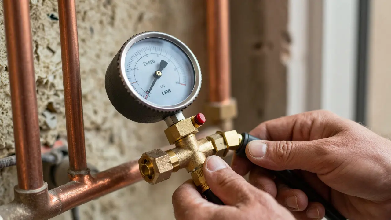 Handwerker prüft den Druck an Kupferrohren mit digitalem Manometer