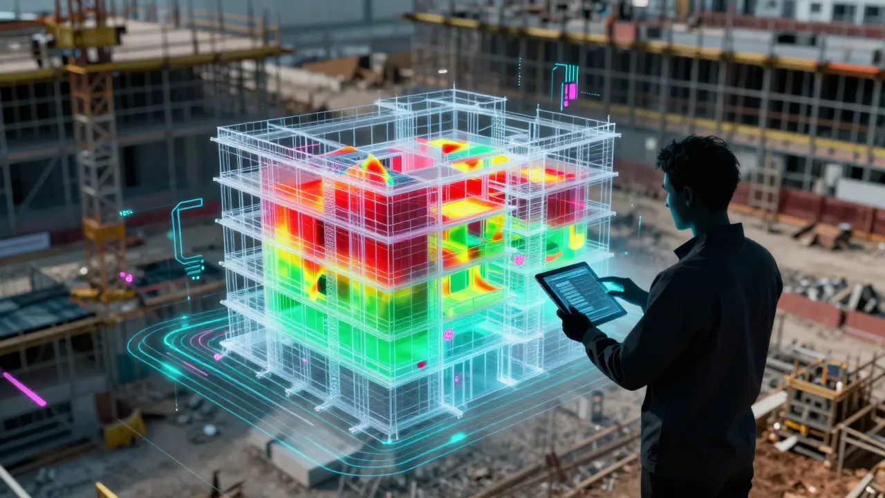 Holografisches 3D-Modell eines Gebäudes mit KI-Schadensanalyse