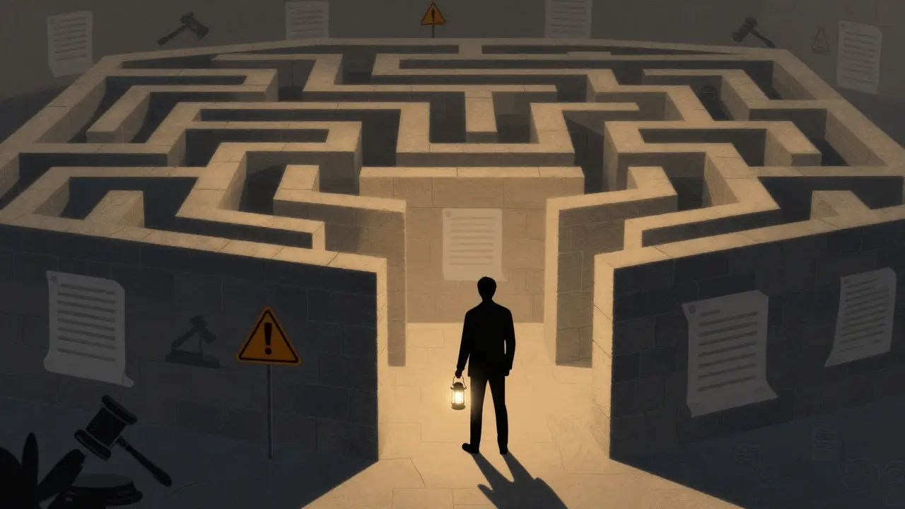 Investor vor einem Labyrinth aus rechtlichen Hindernissen