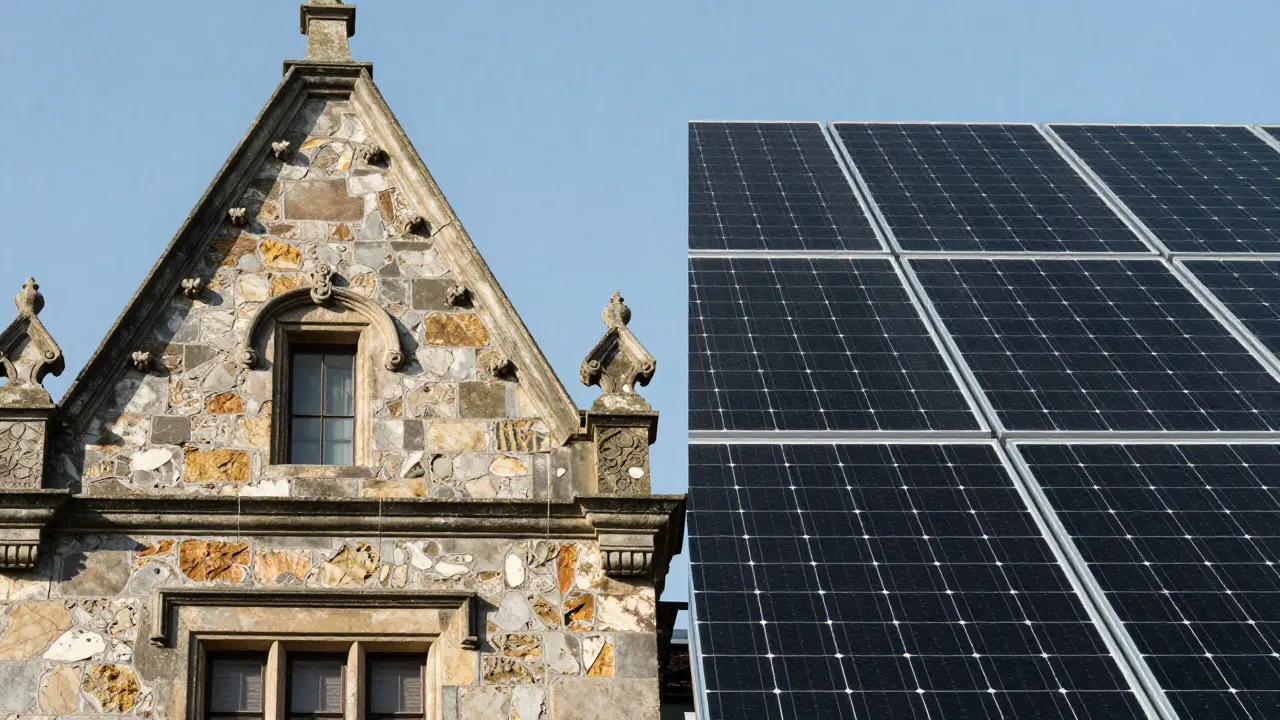 Konzeptbild: Balance zwischen Denkmalschutz und erneuerbarer Energie