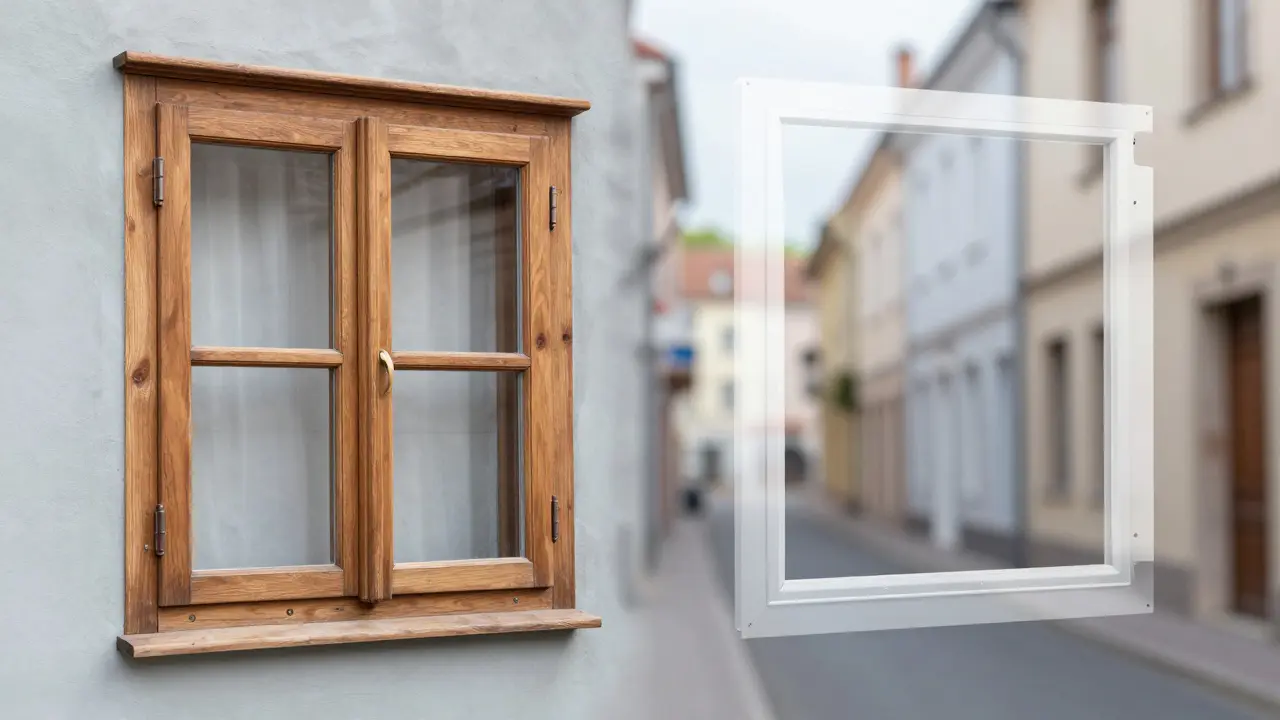 Konzeptbild: Restauriertes Fenster mit Sicherheitsbeschlag versus wegwerfbares Plastik
