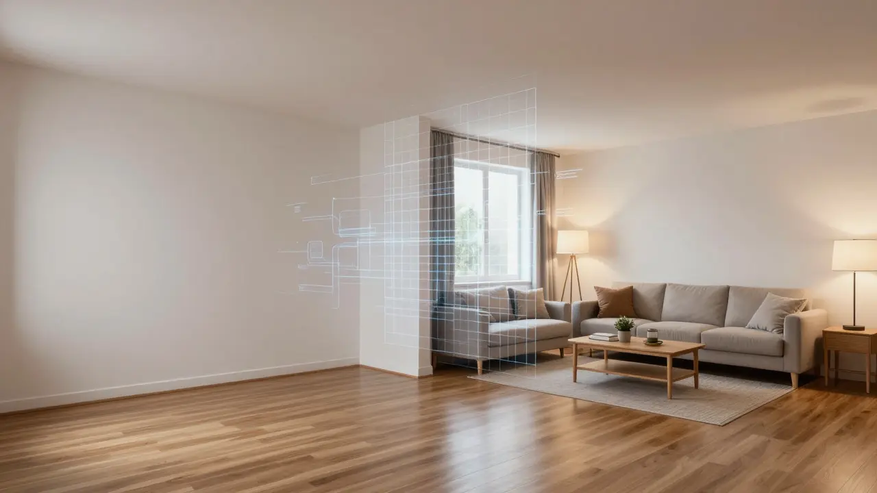 Künstliche Intelligenz generiert Möbel in einer leeren Wohnung