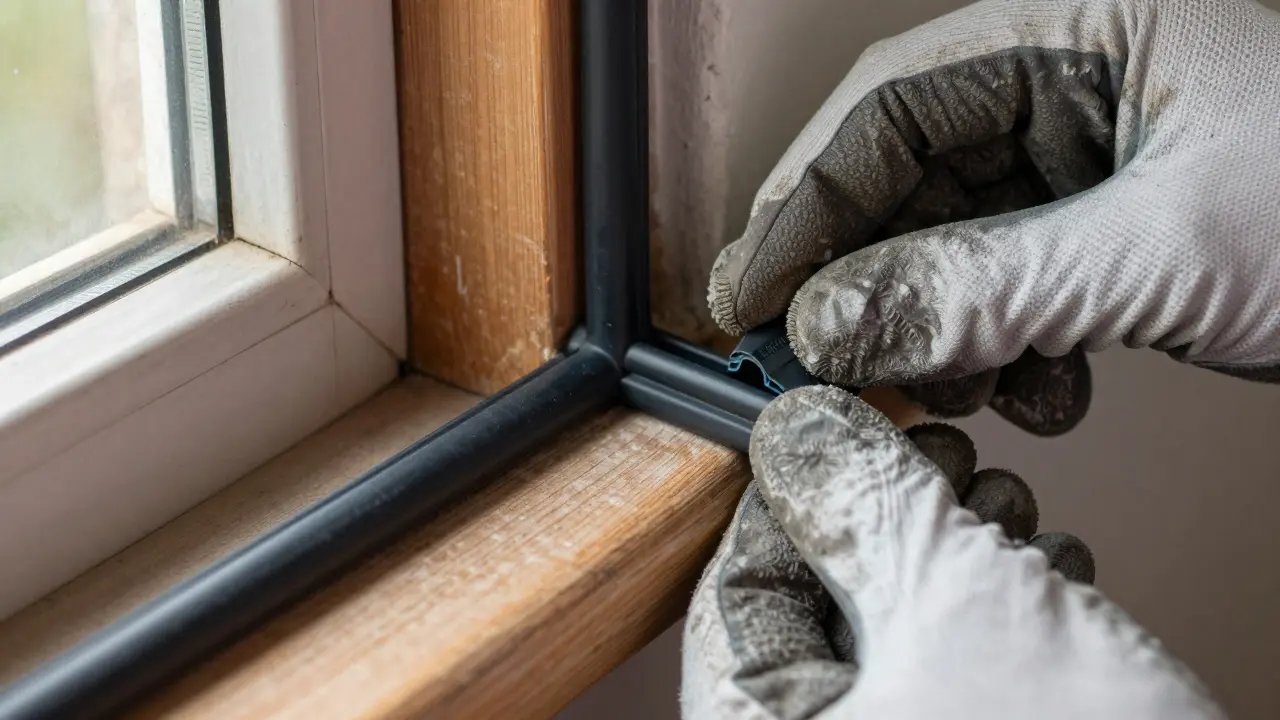 Nahaufnahme der Montage neuer Dichtungen in einen alten Holzfensterflügel