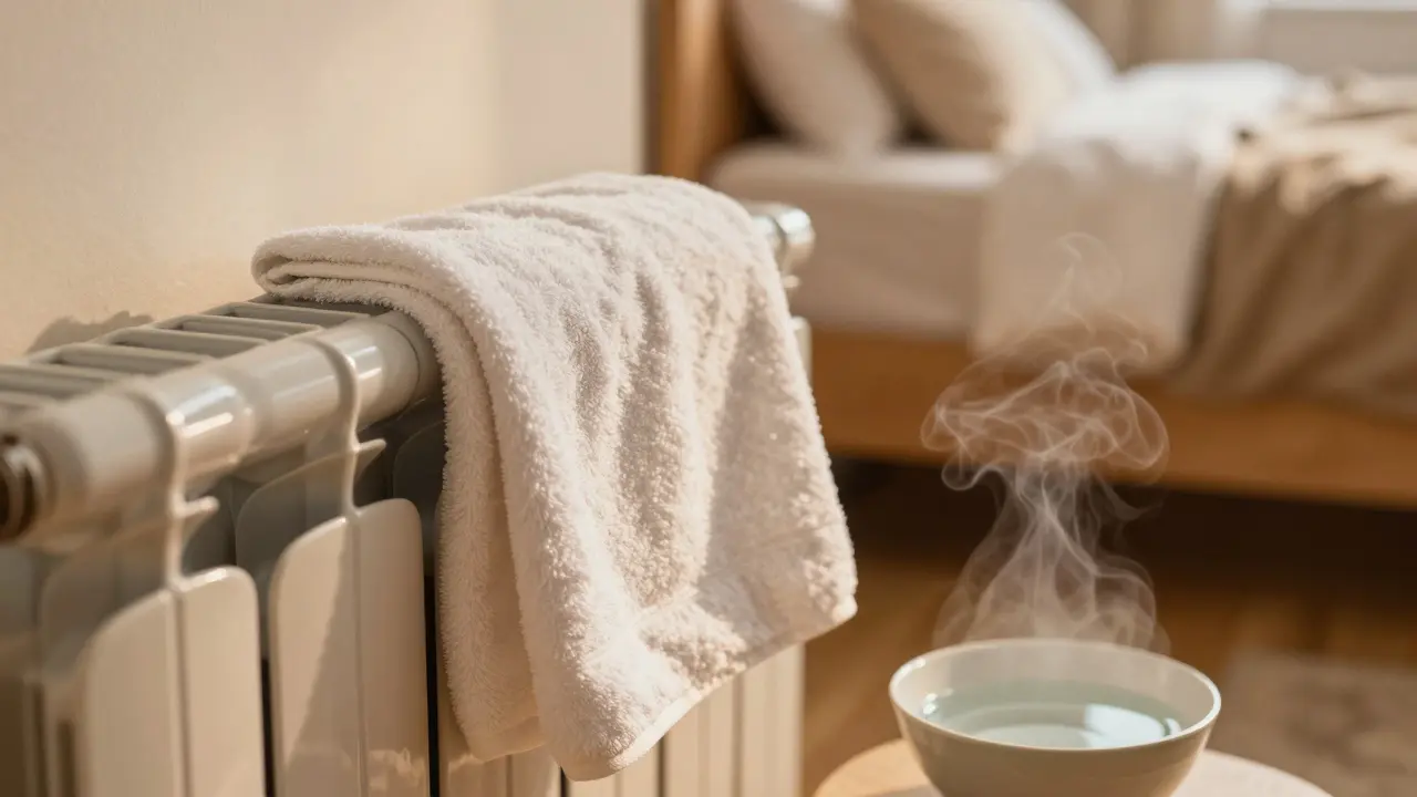 Nasses Handtuch auf Heizkörper zur Luftbefeuchtung im Winter