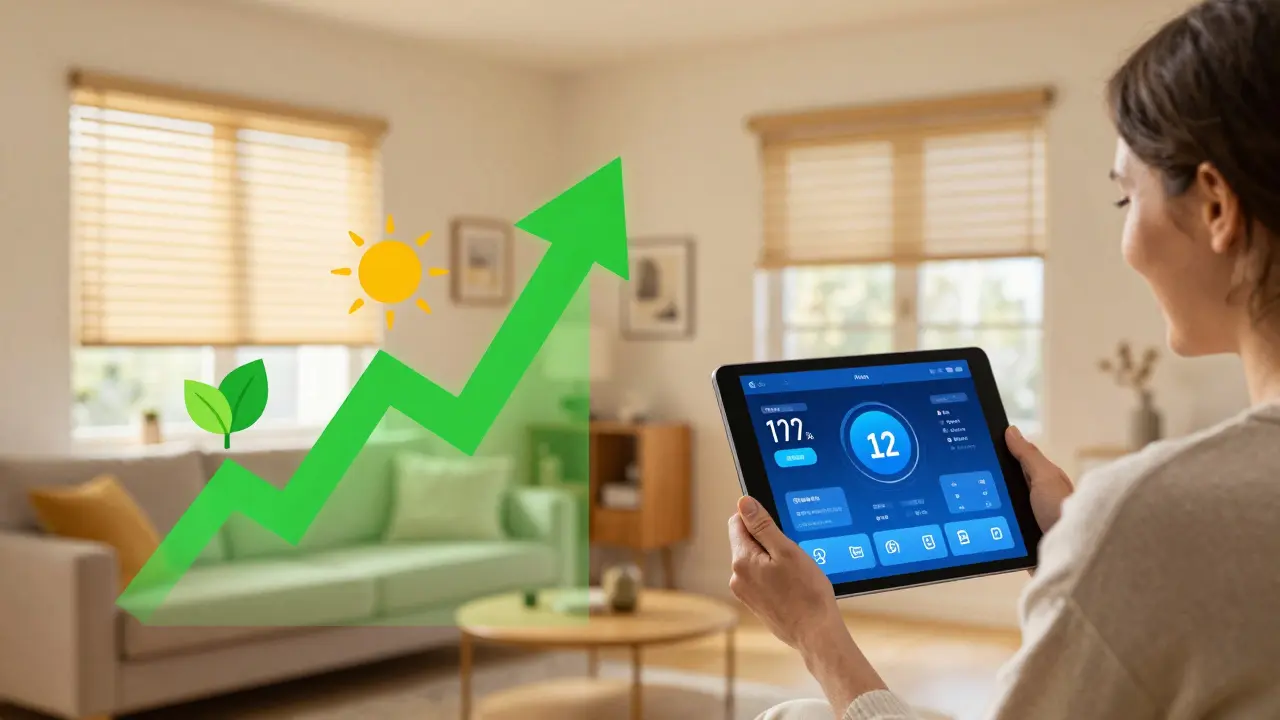Smart-Home-Dashboard auf Tablet zeigt Energieersparnis und Komfort im Wohnzimmer