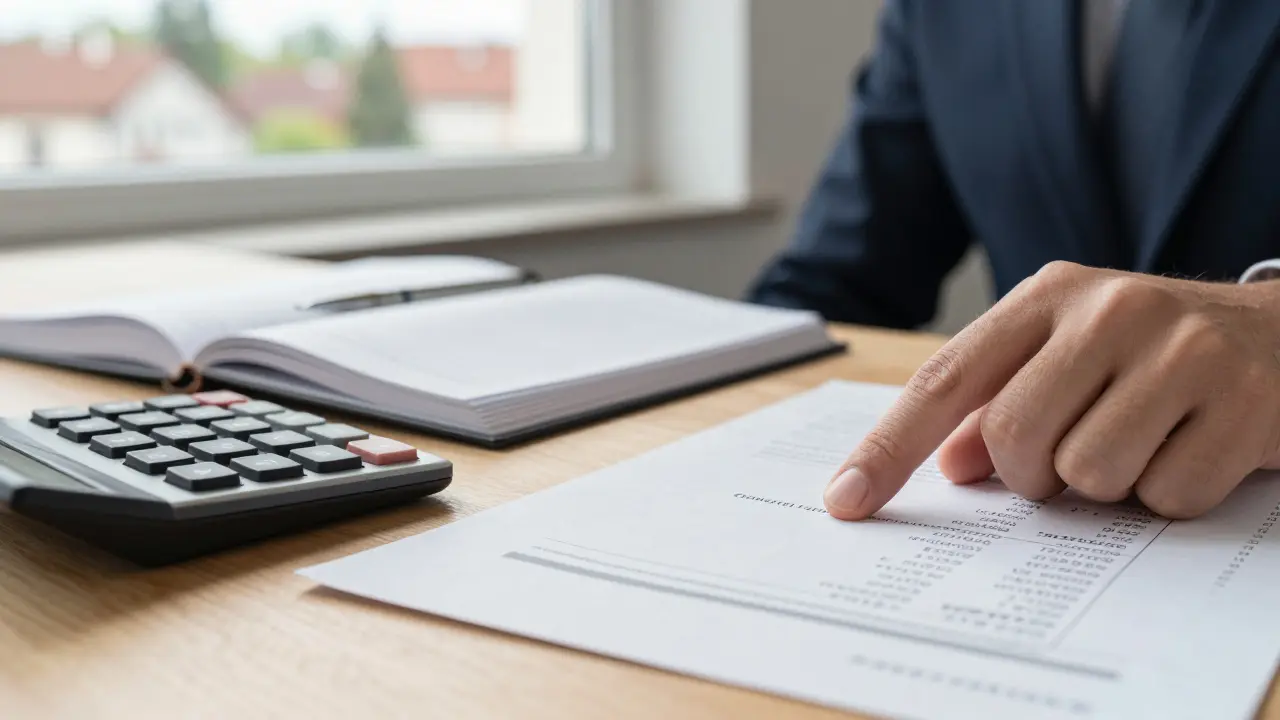 Steuerberater schreibt Berechnungen auf Papier am Schreibtisch